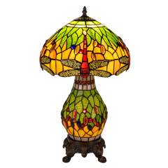 Tiffany tafellamp met verlichte voet – libelle in geel/groen/rood – Ø 30 cm × H 48 cm (Art. 7600)
