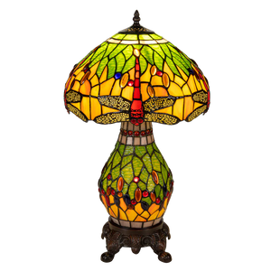 Tiffany tafellamp met verlichte voet – libelle in geel/groen/rood – Ø 30 cm × H 48 cm (Art. 7600)