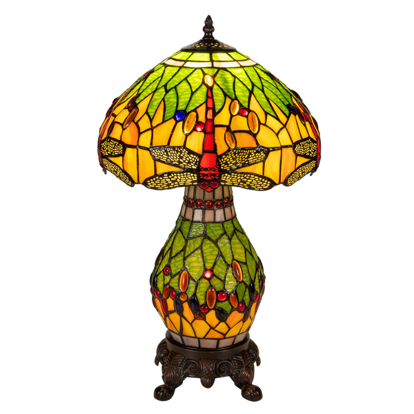 Tiffany tafellamp met verlichte voet – libelle in geel/groen/rood – Ø 30 cm × H 48 cm (Art. 7600)