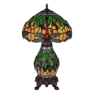 Tiffany tafellamp met verlichte voet – libelle in geel/groen/rood – Ø 30 cm × H 48 cm (Art. 7600)