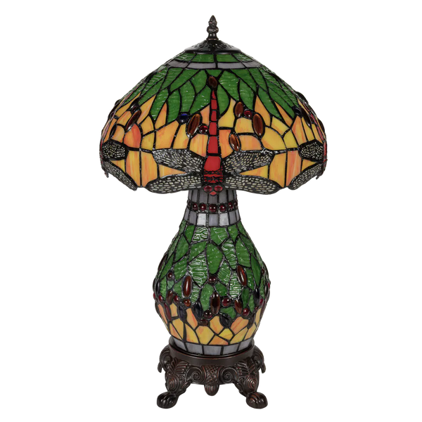 Tiffany tafellamp met verlichte voet – libelle in geel/groen/rood – Ø 30 cm × H 48 cm (Art. 7600)