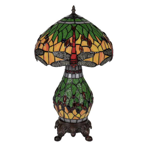 Tiffany tafellamp met verlichte voet – libelle in geel/groen/rood – Ø 30 cm × H 48 cm (Art. 7600)