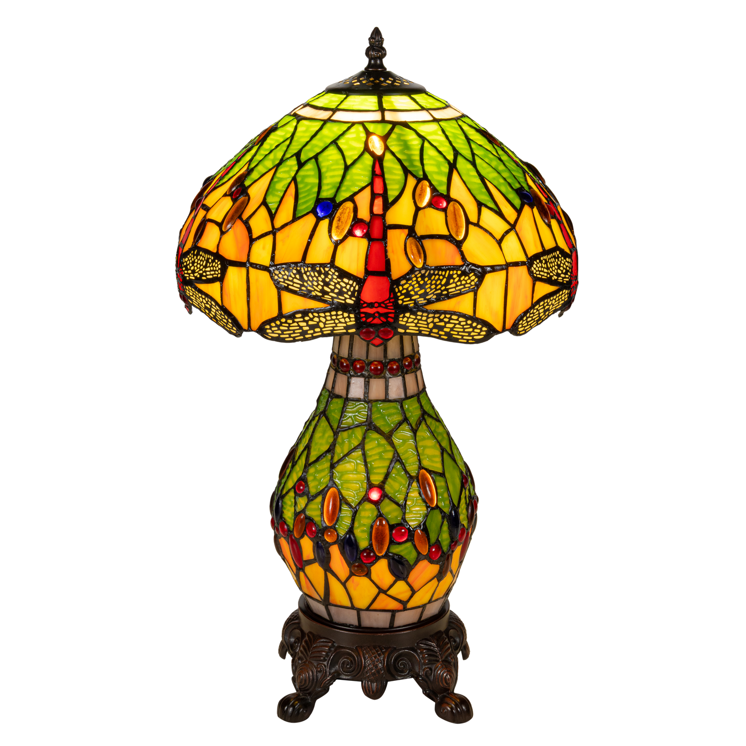 Tiffany tafellamp met verlichte voet – libelle in geel/groen/rood – Ø 30 cm × H 48 cm (Art. 7600)