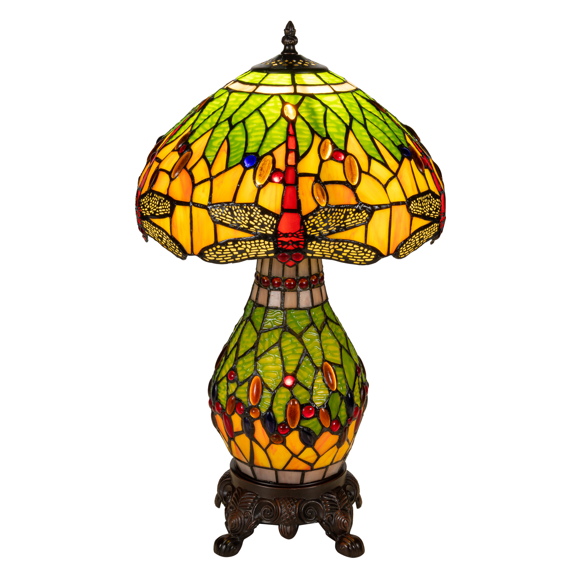 Tiffany tafellamp met verlichte voet – libelle in geel/groen/rood – Ø 30 cm × H 48 cm (Art. 7600)