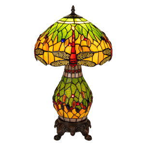 Tiffany tafellamp met verlichte voet – libelle in geel/groen/rood – Ø 30 cm × H 48 cm (Art. 7600)