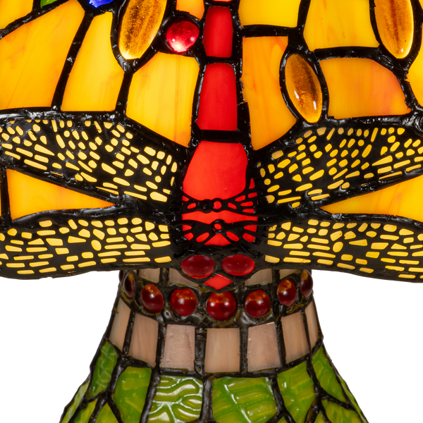 Tiffany tafellamp met verlichte voet – libelle in geel/groen/rood – Ø 30 cm × H 48 cm (Art. 7600)