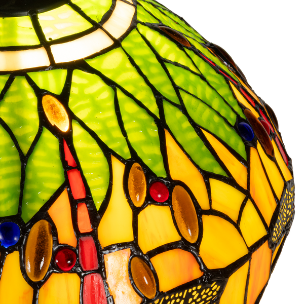 Tiffany tafellamp met verlichte voet – libelle in geel/groen/rood – Ø 30 cm × H 48 cm (Art. 7600)