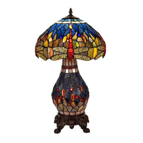 Tiffany tafellamp met verlichte voet – libelle in blauw/amber – Ø 30 cm × H 48 cm (Art. 7601)