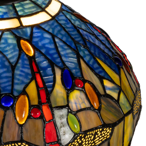Tiffany tafellamp met verlichte voet – libelle in blauw/amber – Ø 30 cm × H 48 cm (Art. 7601)
