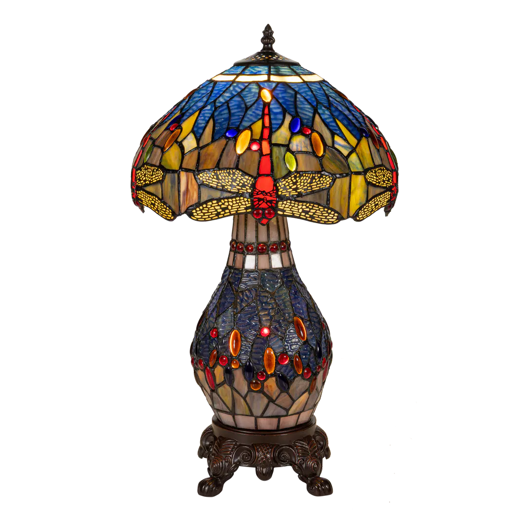 Tiffany tafellamp met verlichte voet – libelle in blauw/amber – Ø 30 cm × H 48 cm (Art. 7601)