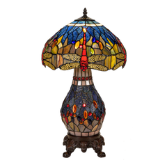 Tiffany tafellamp met verlichte voet – libelle in blauw/amber – Ø 30 cm × H 48 cm (Art. 7601)