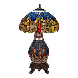 Tiffany tafellamp met verlichte voet – libelle in blauw/amber – Ø 30 cm × H 48 cm (Art. 7601)