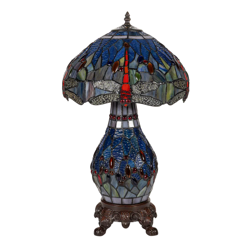 Tiffany tafellamp met verlichte voet – libelle in blauw/amber – Ø 30 cm × H 48 cm (Art. 7601)
