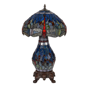 Tiffany tafellamp met verlichte voet – libelle in blauw/amber – Ø 30 cm × H 48 cm (Art. 7601)
