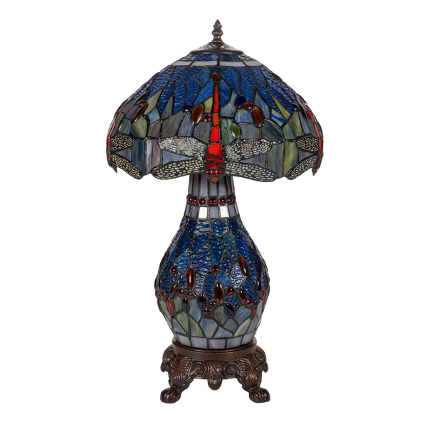 Tiffany tafellamp met verlichte voet – libelle in blauw/amber – Ø 30 cm × H 48 cm (Art. 7601)