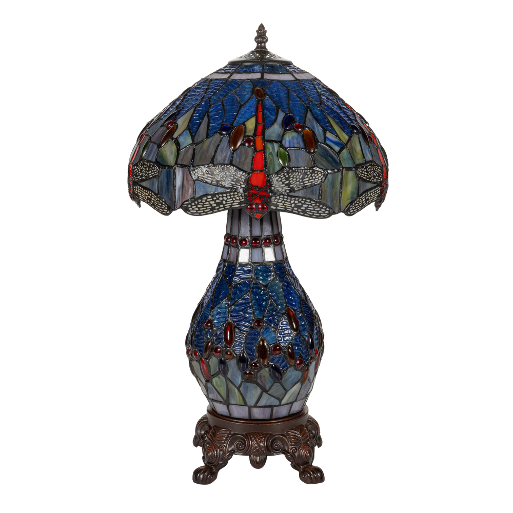 Tiffany tafellamp met verlichte voet – libelle in blauw/amber – Ø 30 cm × H 48 cm (Art. 7601)