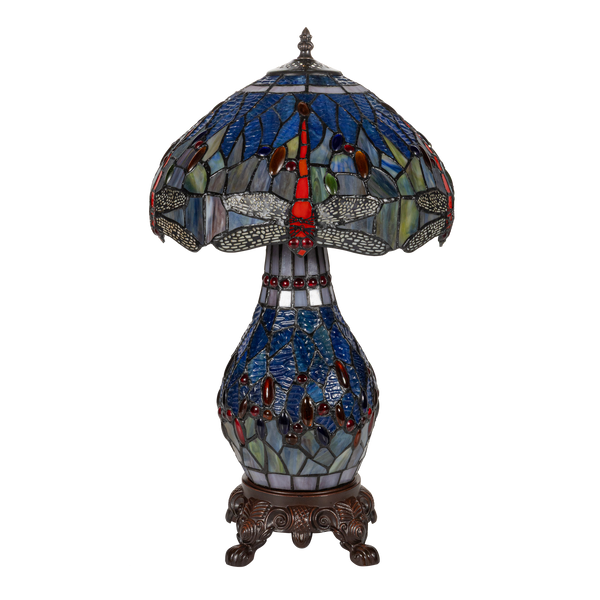Tiffany tafellamp met verlichte voet – libelle in blauw/amber – Ø 30 cm × H 48 cm (Art. 7601)
