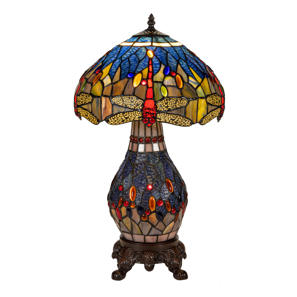 Tiffany tafellamp met verlichte voet – libelle in blauw/amber – Ø 30 cm × H 48 cm (Art. 7601)