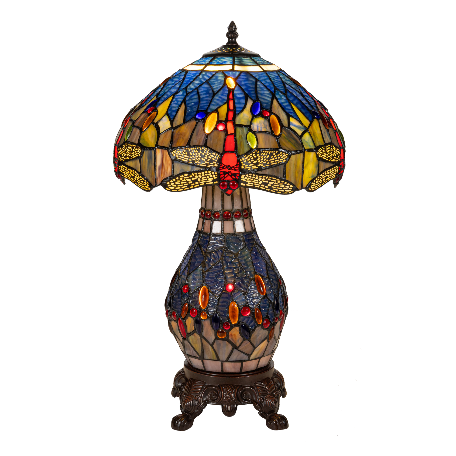 Tiffany tafellamp met verlichte voet – libelle in blauw/amber – Ø 30 cm × H 48 cm (Art. 7601)