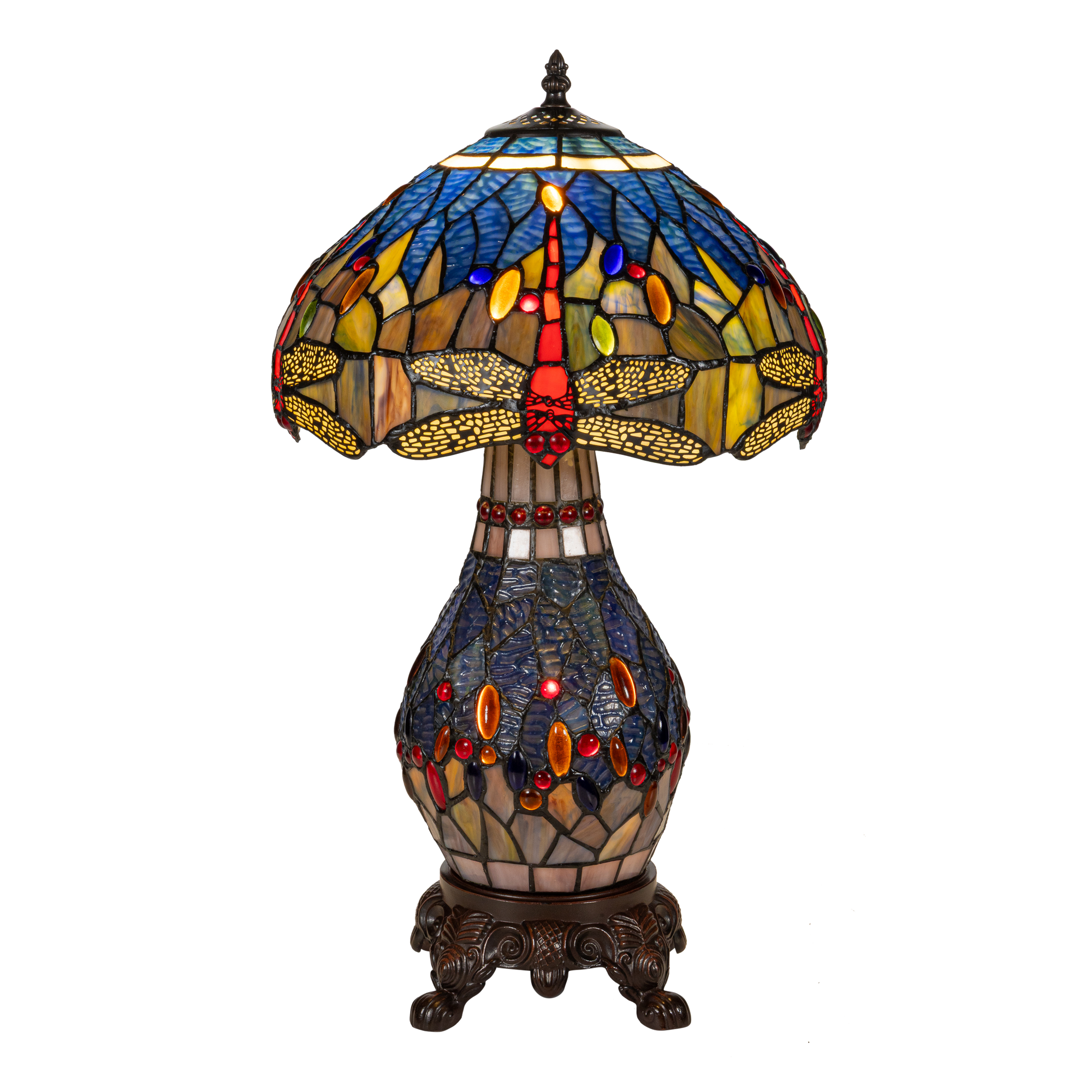 Tiffany tafellamp met verlichte voet – libelle in blauw/amber – Ø 30 cm × H 48 cm (Art. 7601)