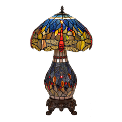 Tiffany tafellamp met verlichte voet – libelle in blauw/amber – Ø 30 cm × H 48 cm (Art. 7601)