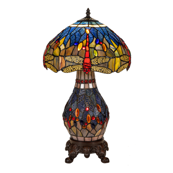 Tiffany tafellamp met verlichte voet – libelle in blauw/amber – Ø 30 cm × H 48 cm (Art. 7601)