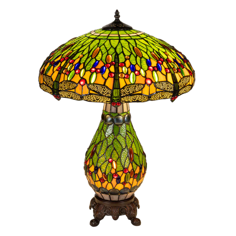 Tiffany tafellamp met verlichte voet – libelle in groen/amber – Ø 45 cm × H 61 cm (Art. 7602)