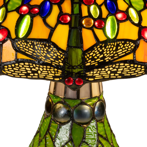 Detail Tiffany tafellamp libellen met verlichte voet van glas in lood in groen-, geel- en blauwtinten