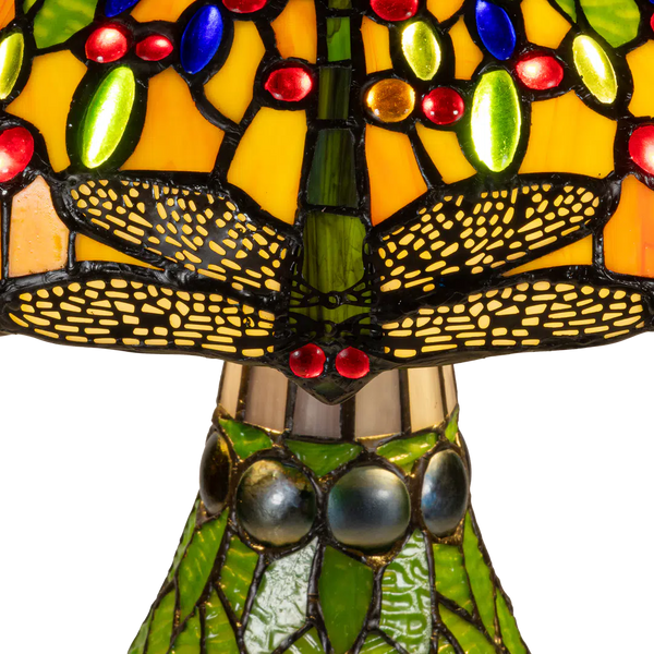 Detail Tiffany tafellamp libellen met verlichte voet van glas in lood in groen-, geel- en blauwtinten