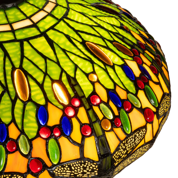 Detail Tiffany tafellamp libellen met verlichte voet van glas in lood in groen-, geel- en blauwtinten