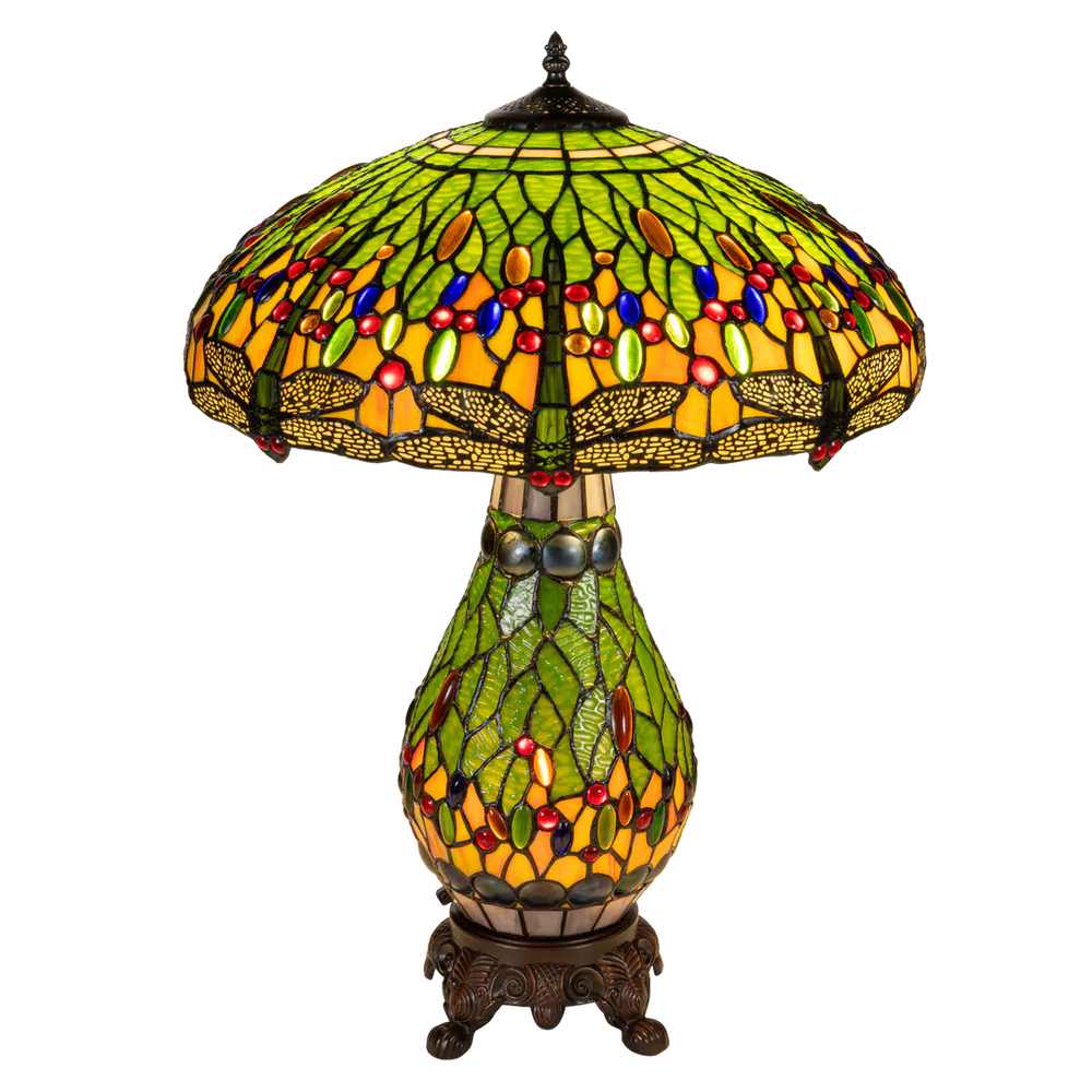 Tiffany tafellamp met verlichte voet – libelle in groen/amber – Ø 45 cm × H 61 cm (Art. 7602)