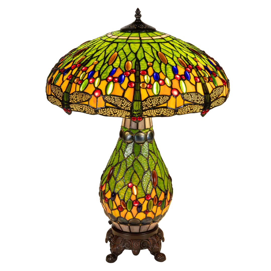 Extra grote Roruvera Tiffany tafellamp libellen met verlichte voet van glas in lood in groen- en geeltinten, brandend