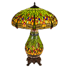 Extra grote Roruvera Tiffany tafellamp libellen met verlichte voet van glas in lood in groen- en geeltinten, brandend
