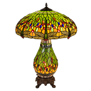 Extra grote Roruvera Tiffany tafellamp libellen met verlichte voet van glas in lood in groen- en geeltinten, brandend