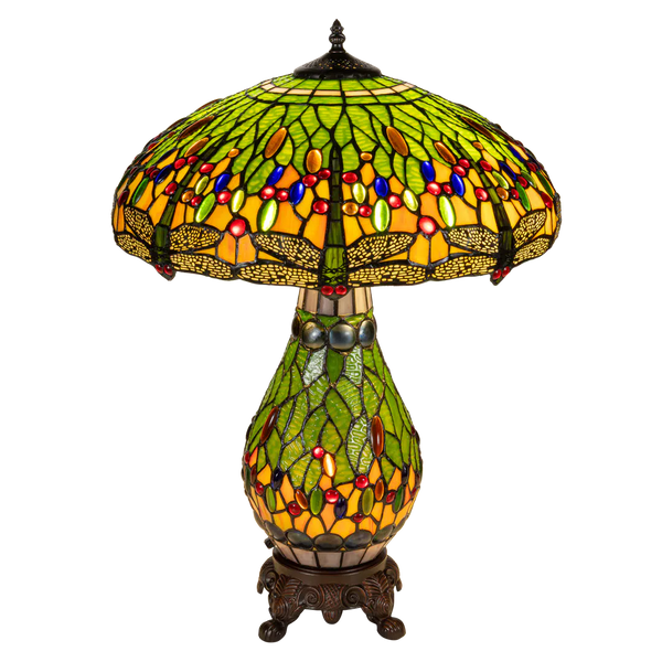Extra grote Roruvera Tiffany tafellamp libellen met verlichte voet van glas in lood in groen- en geeltinten, brandend