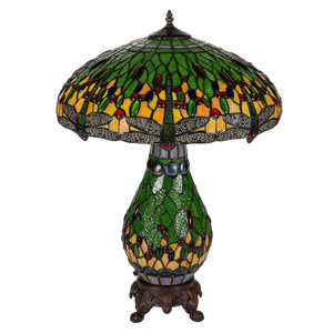 Extra grote Tiffany tafellamp libellen met verlichte voet van glas in lood in groen- en geeltinten, uitgeschakeld