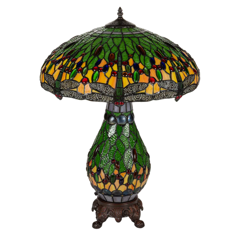 Extra grote Tiffany tafellamp libellen met verlichte voet van glas in lood in groen- en geeltinten, uitgeschakeld