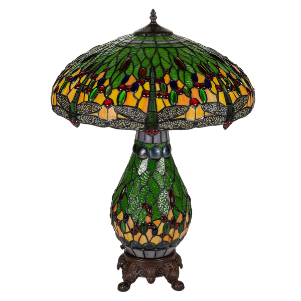 Extra grote Tiffany tafellamp libellen met verlichte voet van glas in lood in groen- en geeltinten, uitgeschakeld