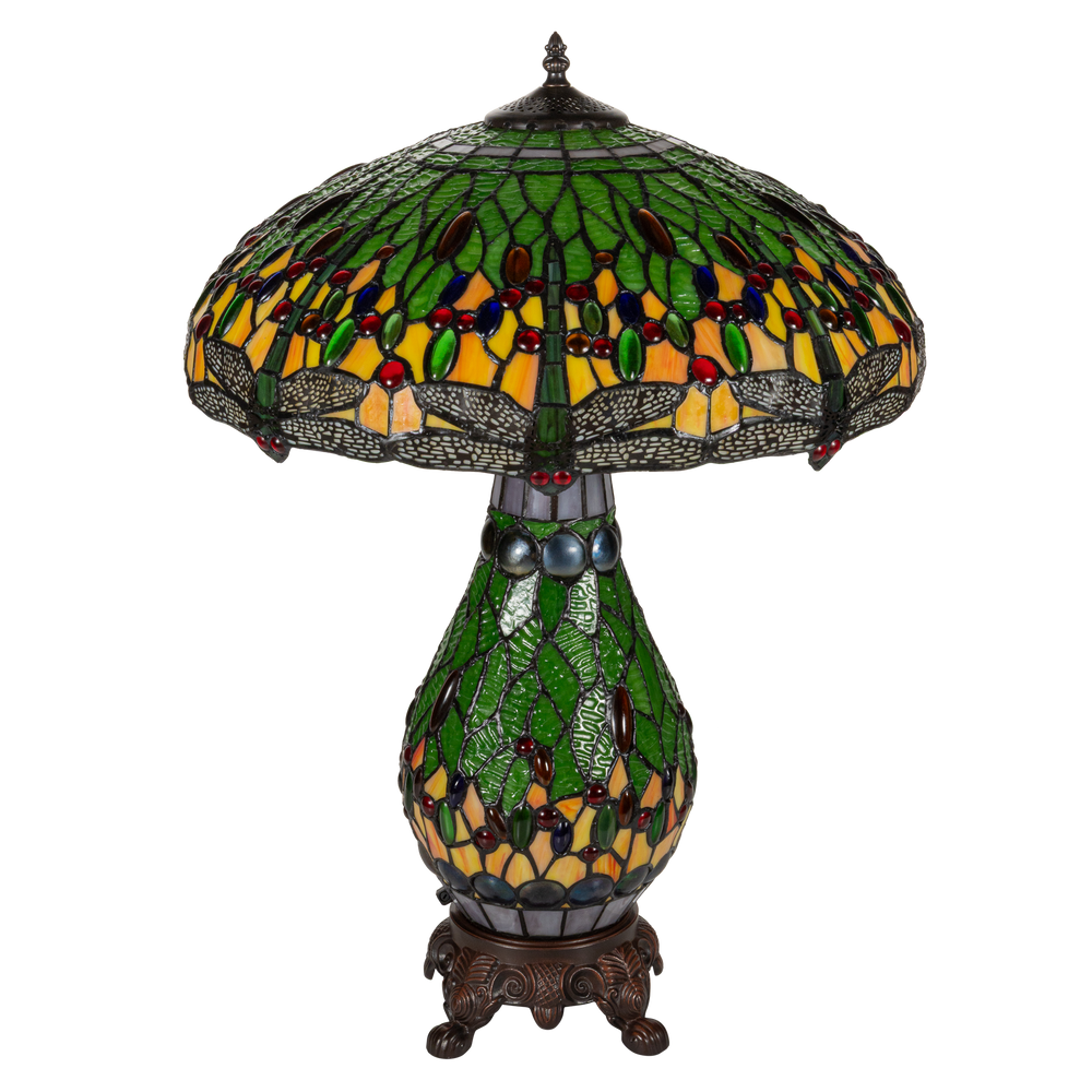 Tiffany tafellamp met verlichte voet – libelle in groen/amber – Ø 45 cm × H 61 cm (Art. 7602)