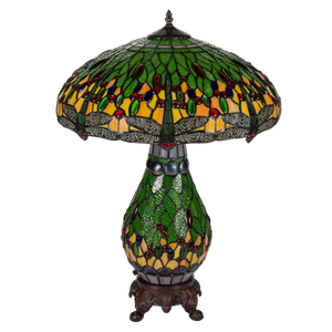 Tiffany tafellamp met verlichte voet – libelle in groen/amber – Ø 45 cm × H 61 cm (Art. 7602)