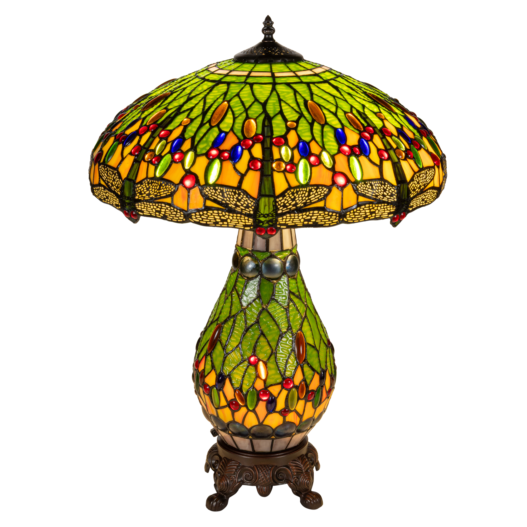 Tiffany tafellamp met verlichte voet – libelle in groen/amber – Ø 45 cm × H 61 cm (Art. 7602)