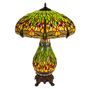 Tiffany tafellamp met verlichte voet – libelle in groen/amber – Ø 45 cm × H 61 cm (Art. 7602)
