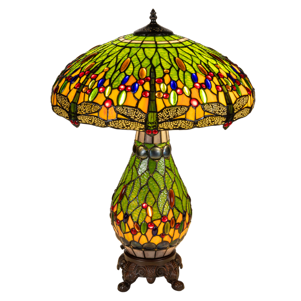 Tiffany tafellamp met verlichte voet – libelle in groen/amber – Ø 45 cm × H 61 cm (Art. 7602)