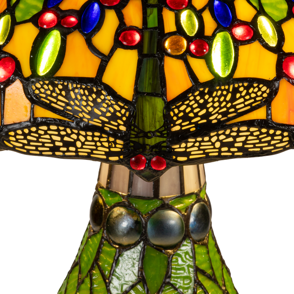 Tiffany tafellamp met verlichte voet – libelle in groen/amber – Ø 45 cm × H 61 cm (Art. 7602)