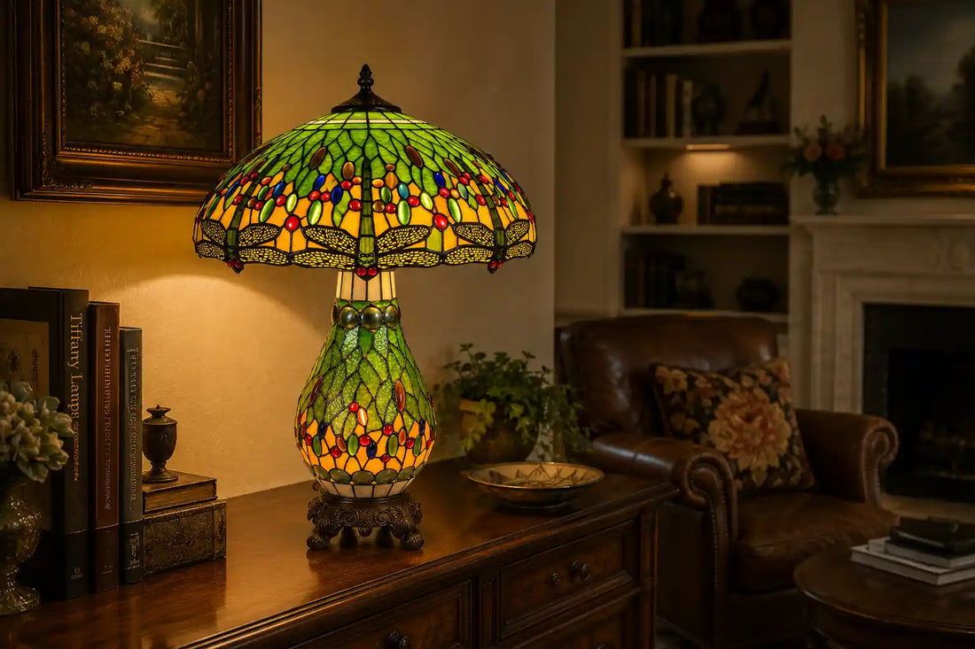 Tiffany tafellamp met verlichte voet en groen libellenmotief op een donkere sidetafel in een woonkamer | RORUVERA