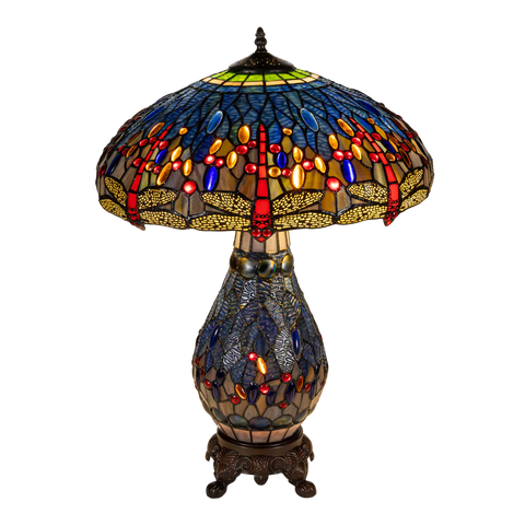 Tiffany tafellamp met verlichte voet – libellemotief – Ø 45 cm × H 61 cm (Art. 7603)