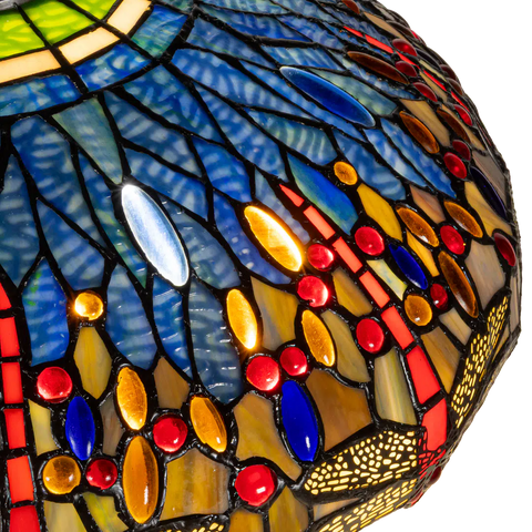 Detail Tiffany tafellamp libellen met verlichte voet van glas in lood in blauw-, rood- en ambertinten