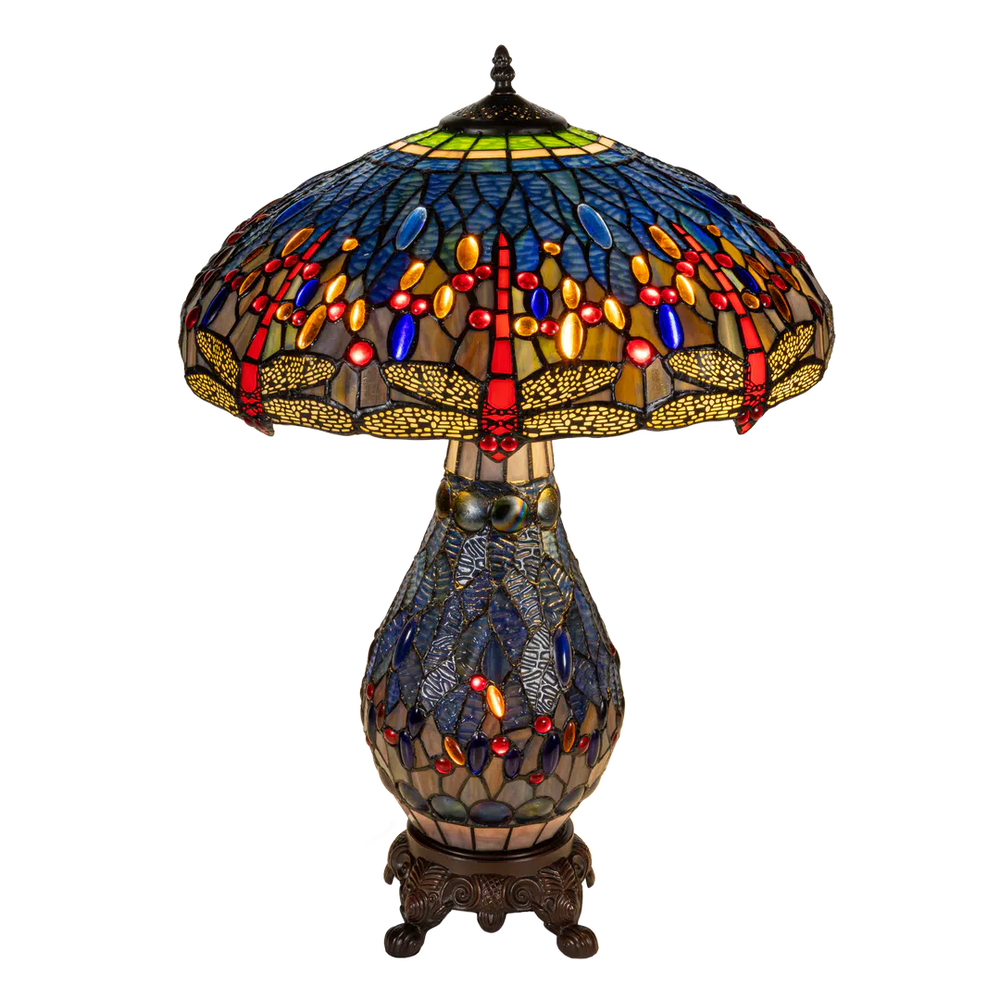 Tiffany tafellamp met verlichte voet – libellemotief – Ø 45 cm × H 61 cm (Art. 7603)