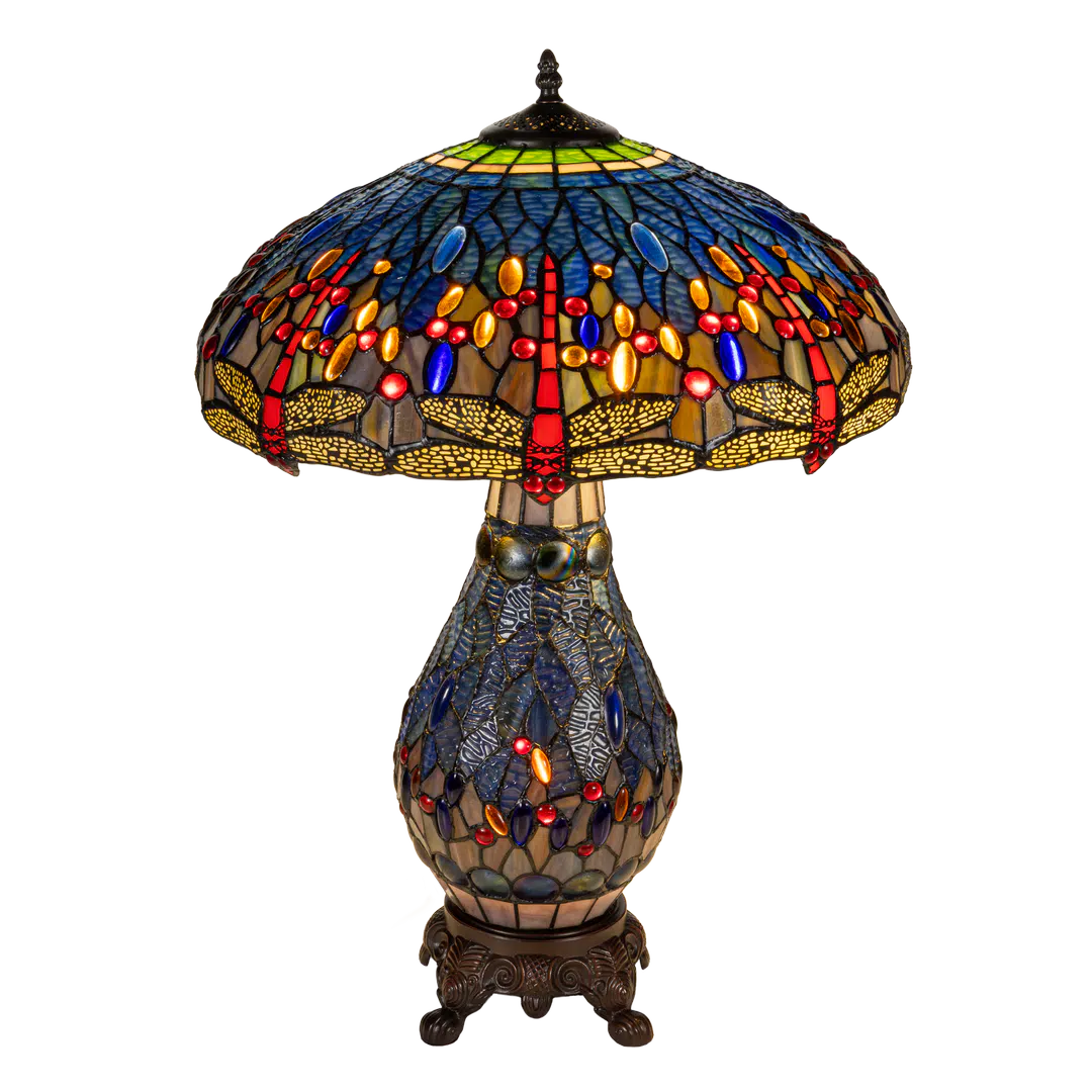 Extra grote Roruvera Tiffany tafellamp libellen met verlichte voet van glas in lood in blauw- en ambertinten, brandend