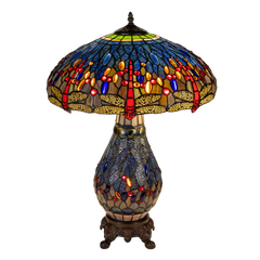 Tiffany tafellamp met verlichte voet – libellemotief – Ø 45 cm × H 61 cm (Art. 7603)